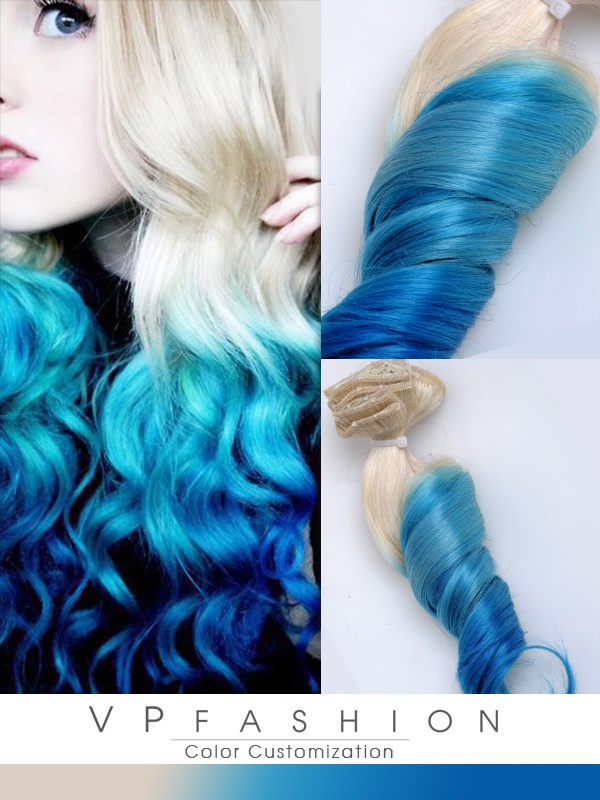 Blond-Turqoise-Blau Ombre Clip in Remy Echthaar Extensions C015